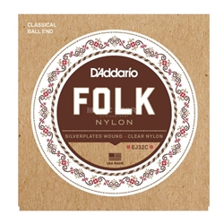 D'Addario EJ32C Folk Nylon Guitar String Set, Ball End, Silver Wound/Clear Nylon Trebles