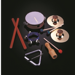 Hohner Kids 6 Piece Rhythm Music Classroom Set with activity inserts. Includes  tambourine, rhythm sticks, wrist bell, wood sounder, rhythm sticks, and triangle. HRM-6