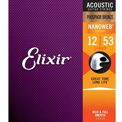 Elixir Phosphor Bronze Acoustic Guitar Strings w NANOWEB Coating, Light (.012-.053) 16052